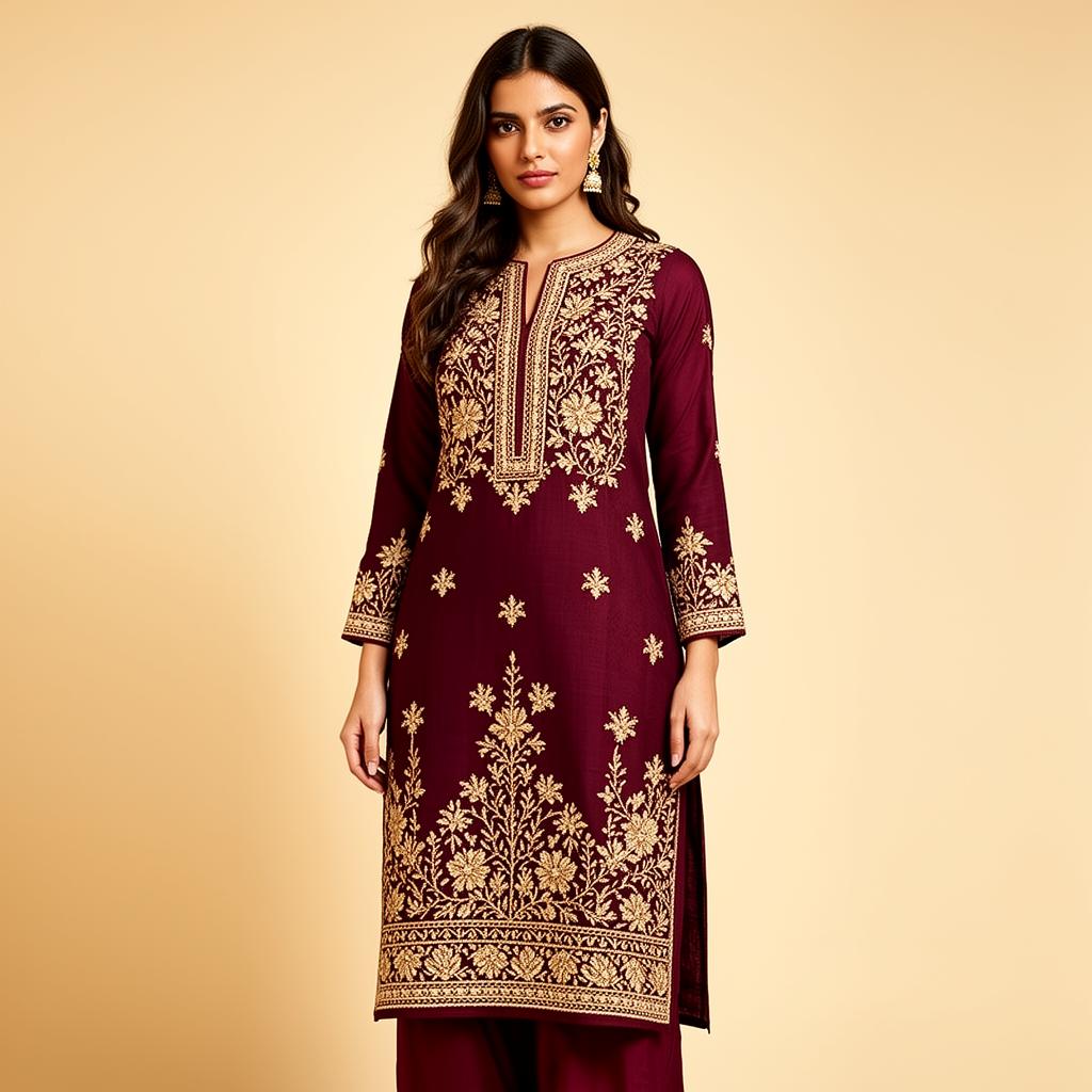 Maroon Festive Chikankari Kurta Set