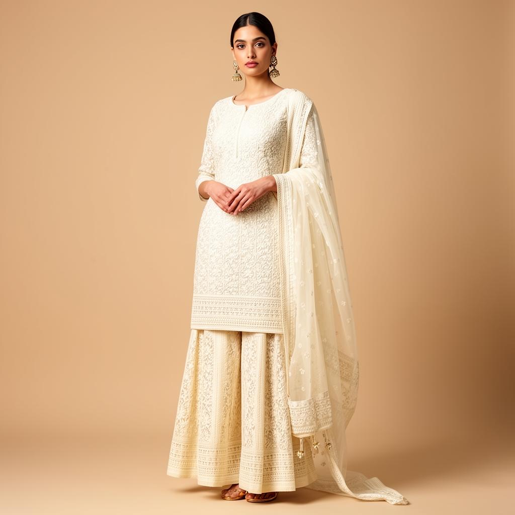 Cream Chikankari Palazzo Set with Dupatta